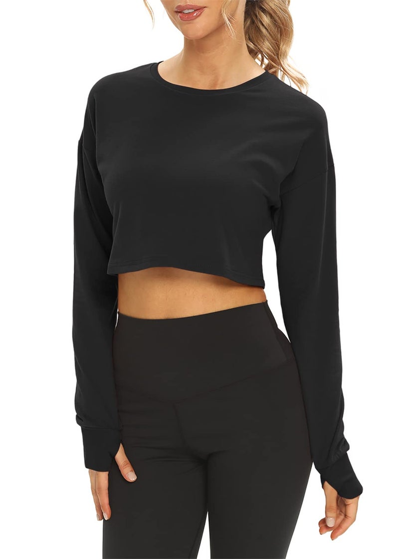 Mippo Long Sleeve Crop Top Workout Shirts Athletic Gym Active Wear Loose Cropped Sweaters Oversized Tshirts Black S - Image 5